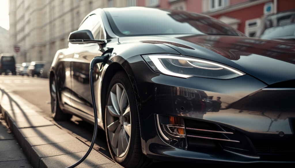 Luxury sports car in modern city streets generated by artificial intelligence